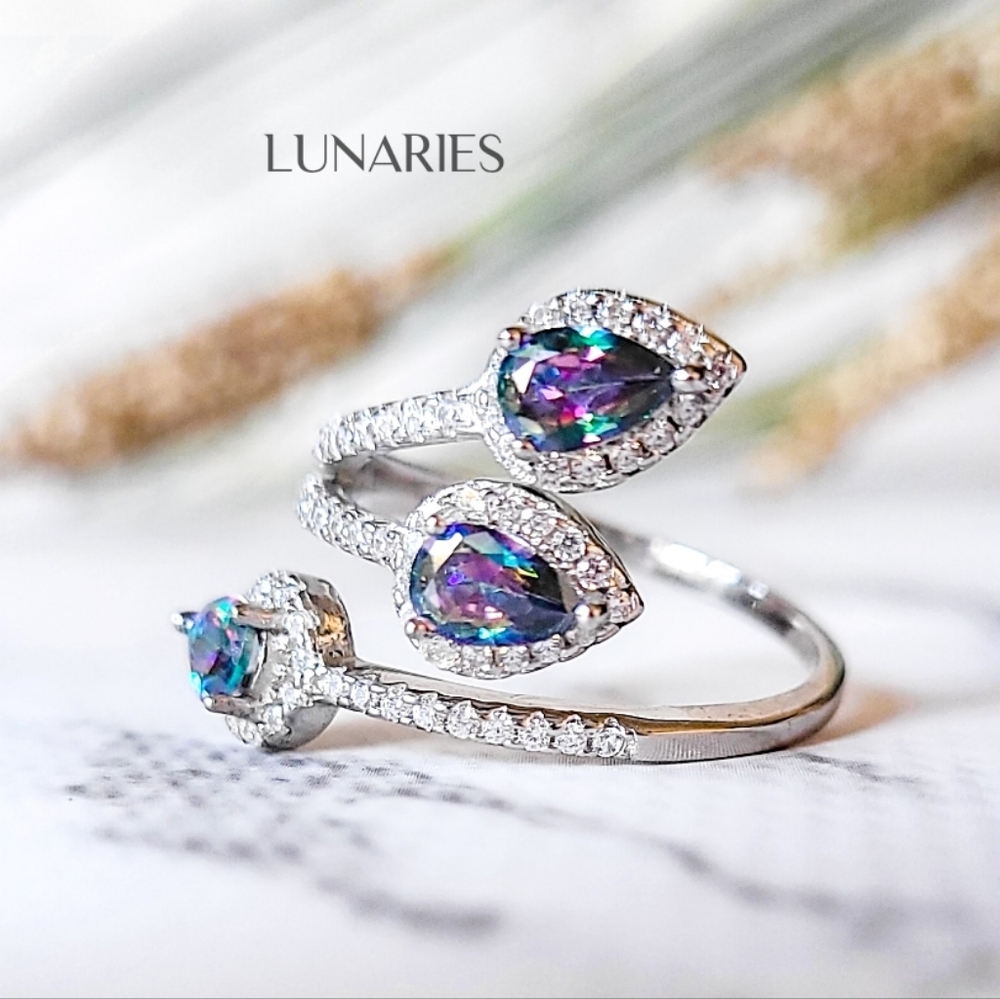 Rainbow Topaz 925 Sterling Silver Ring Triple Pear Design CZ Pavé, Adjustable